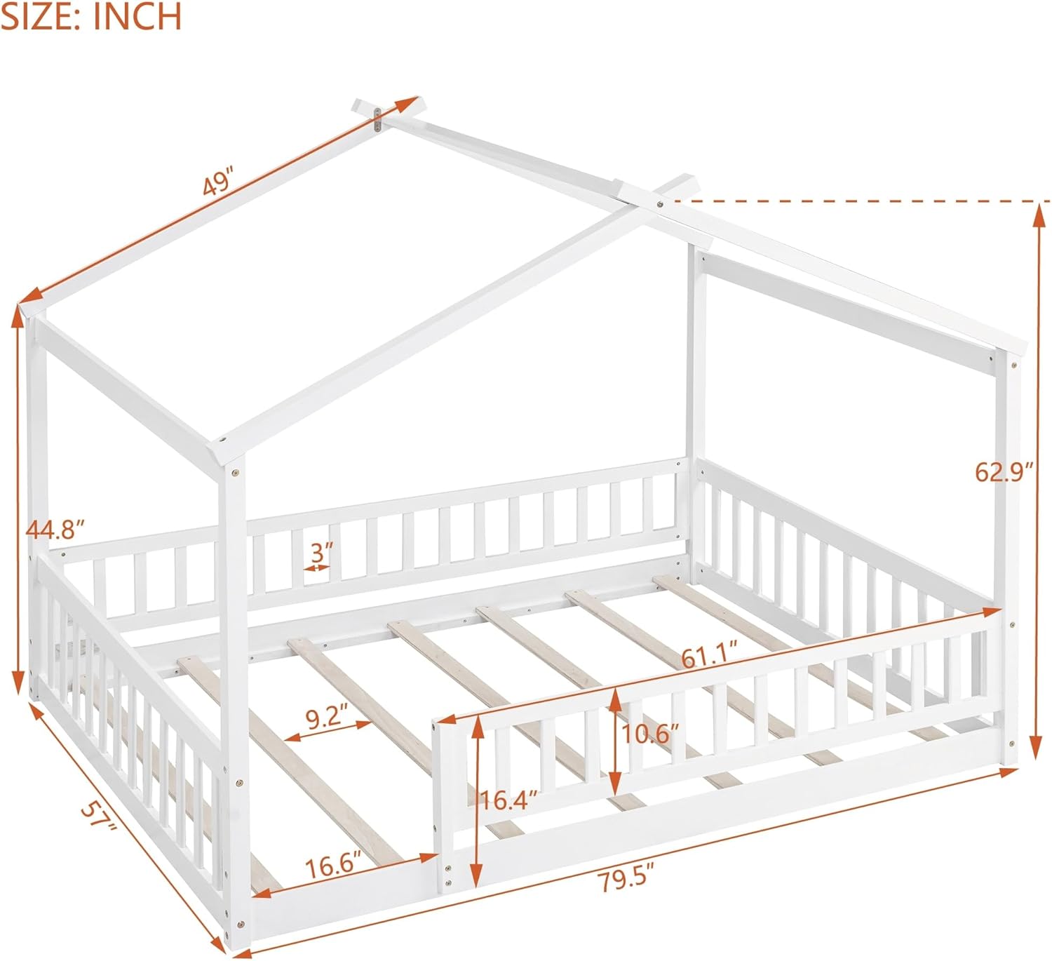 Full Size Wood Bed House Frame with Fence for Kids Teens Girls Boyswhite White Modern Contemporary Cars Fire Trucks Finish Includes Hardware