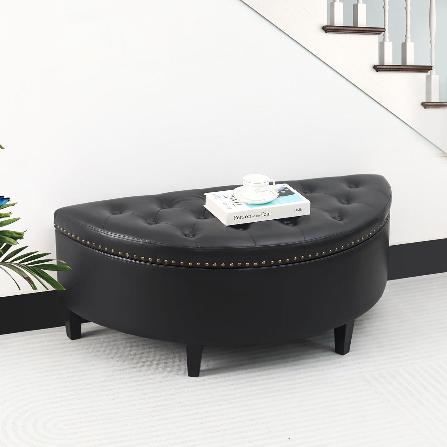 Adeco Half Moon Tufted Storage Ottoman Bench