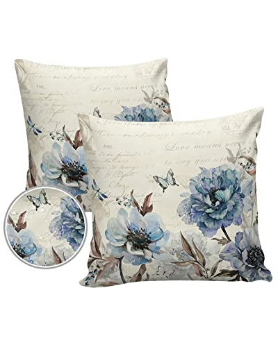 Spring Floral Outdoor Waterproof Pillow Covers, Blue Flowers Summer Botanical Farmhouse Decorative Square Throw Pillowcase Sofa Cushion Sham for Patio/Couch/Chair, 20