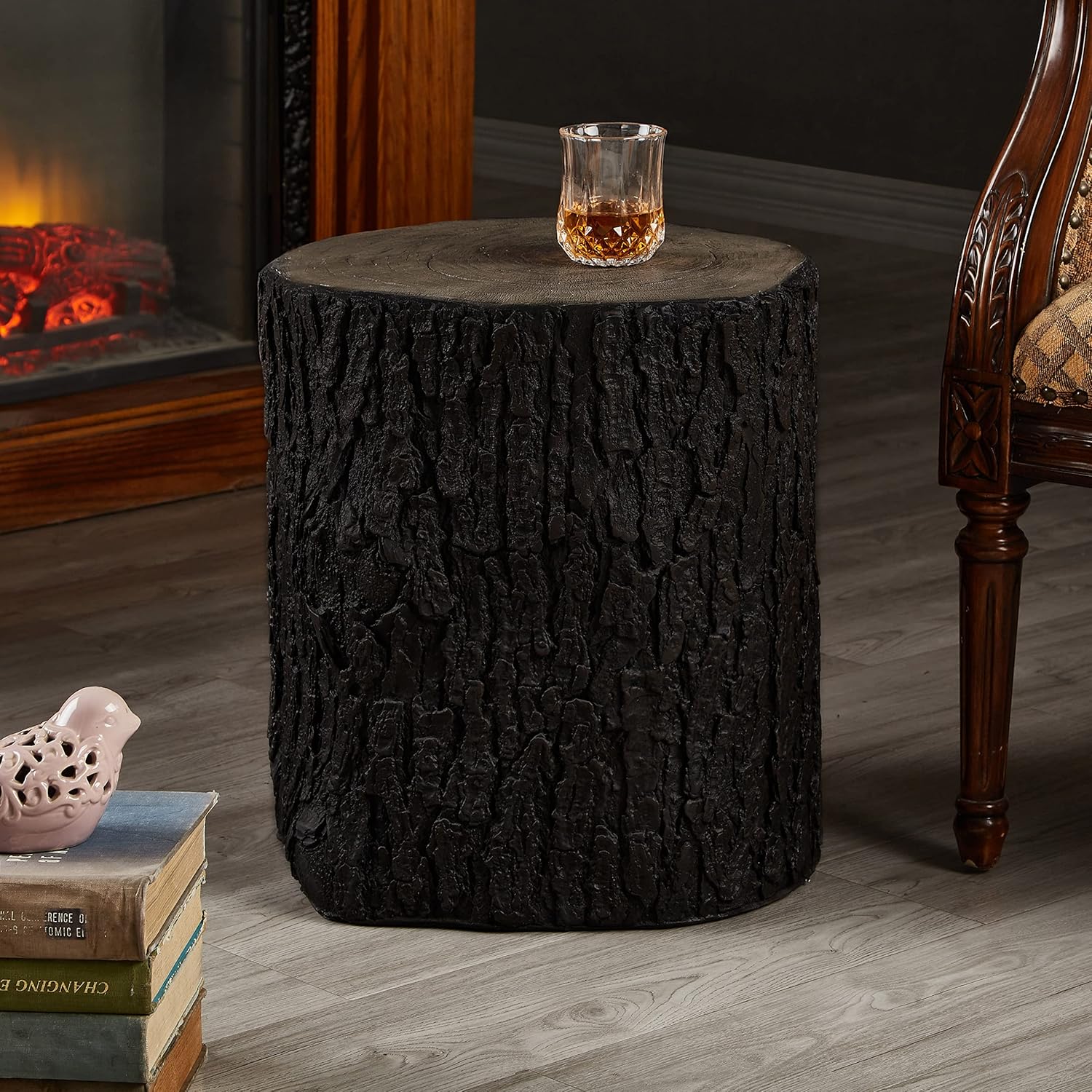 Ball & Cast Faux Wood Stump Stool Concrete End Table MgO Accent Side Table Simulation Tree Bark Stand, Smoke Set of 1