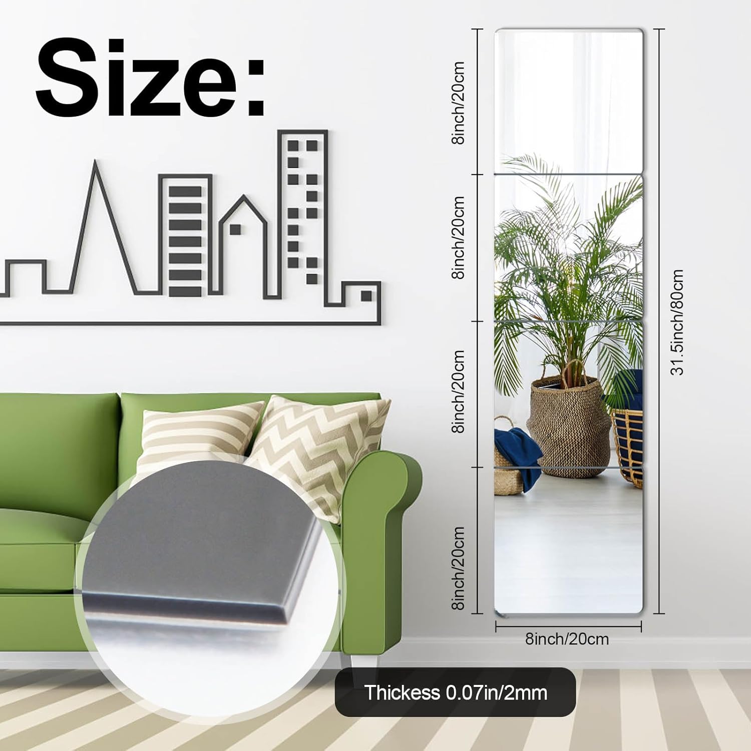 4 Pcs Wall Mirror Tiles, 8 x 8 Inch Self Adhesive Acrylic Square Mirror, Flexible Mirror Sheets Wall Stickers Frameless Small Mirrors wall decor Set for Bathroom Home Gym Bedroom