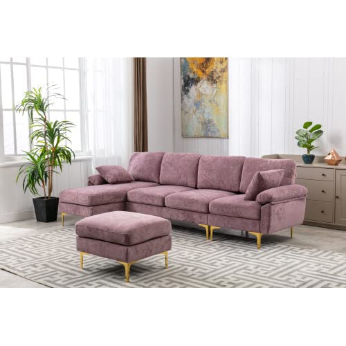 Large Sectional Sofa Couch & Ottoman Set, U Shape Sectional Sofa with 2 Pillows Living Room Modular Sofa Accent Sofa Chaise Lounge and Golden Legs (Purple)