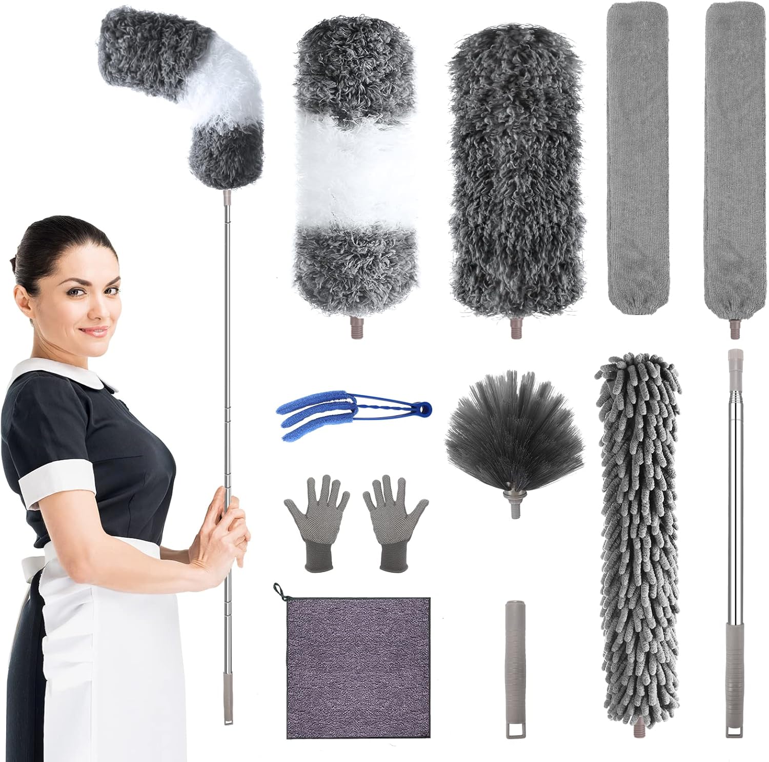 Microfiber Feather Duster with Extension Pole 30 to 100 inches, Reusable,Bendable, Washable Dusters for Cleaning Ceiling Fan, High Ceiling, Blinds, Furniture & Cars, 12PCS