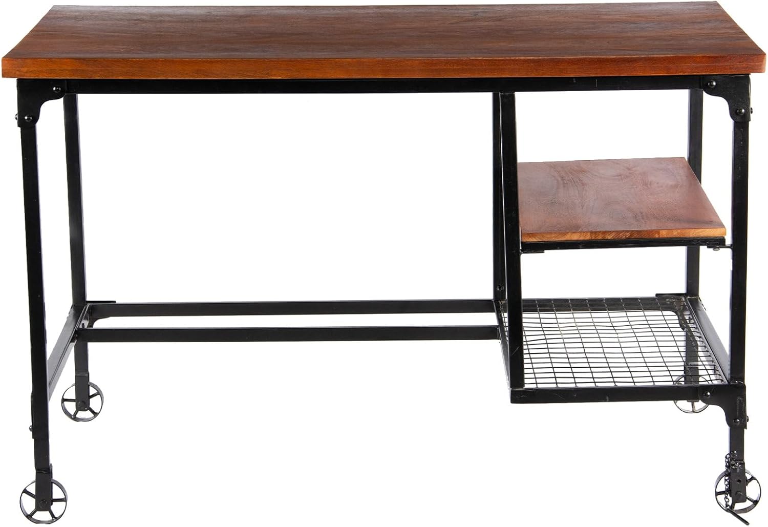Metal Brown Desk Industrial Style Wood and Metal Desk with Two Bottom Shelves, Brown and Black