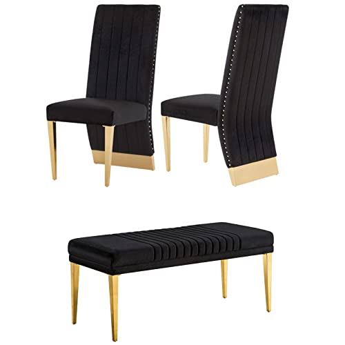 AZhome Modern Luxury Upholstered Bench, White PU Leather Dining Room Channel Ottoman with Gold Stainless Steel Legs