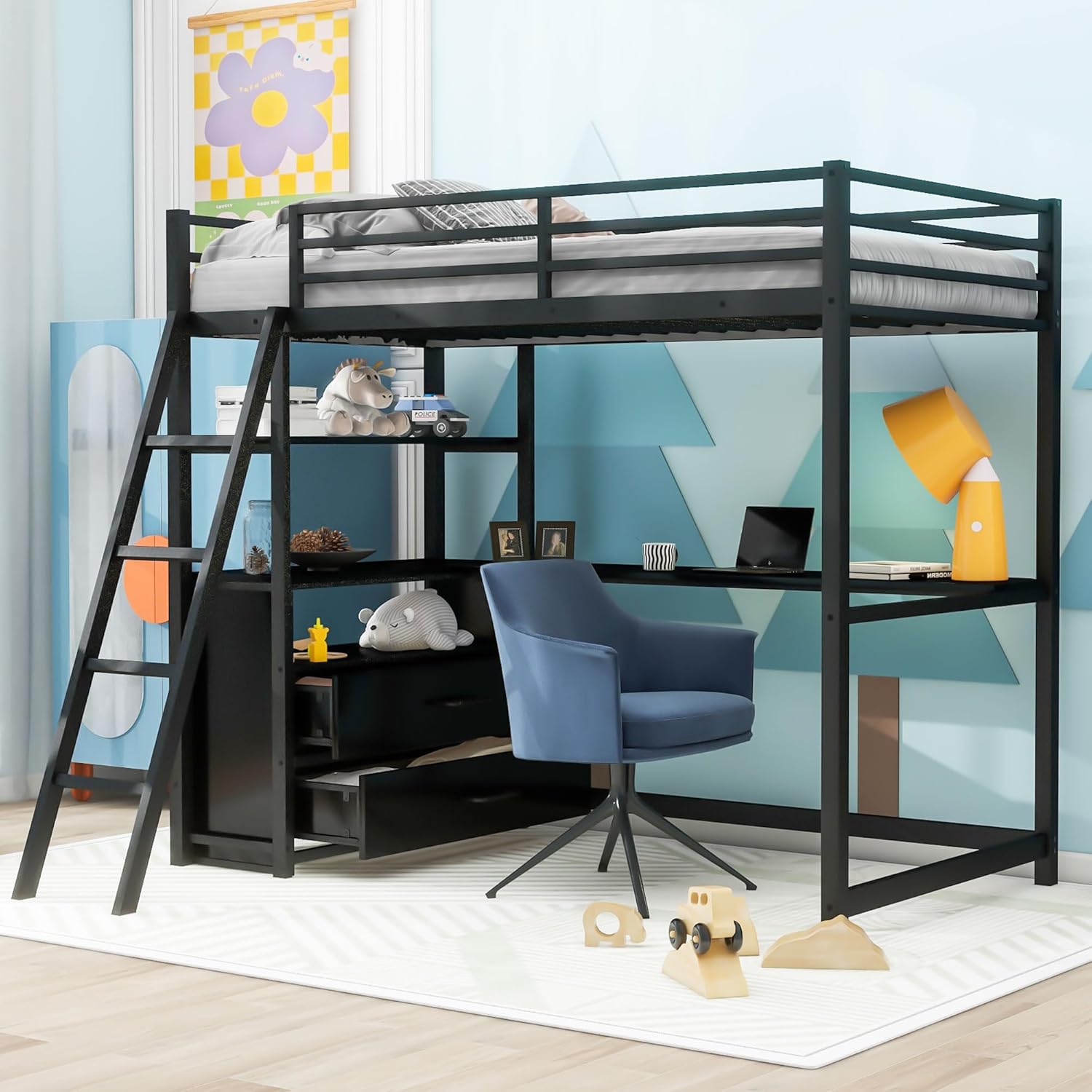 Twin Size Loft Bed with Desk and Storage Drawers, Metal&Wood Loft Bed with Desk and Shelves, Heavy-duty Loft Beds with Ladder for Kids Boys Girls Teens, Black