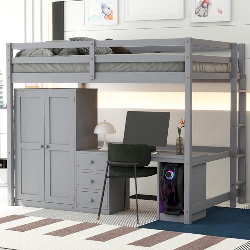 Full Size Loft Bed with Desk and Wardrobe, Solid Wood Loft Bed Frame with Storage Drawers, for Kids Teens Adults (Gray, Full)