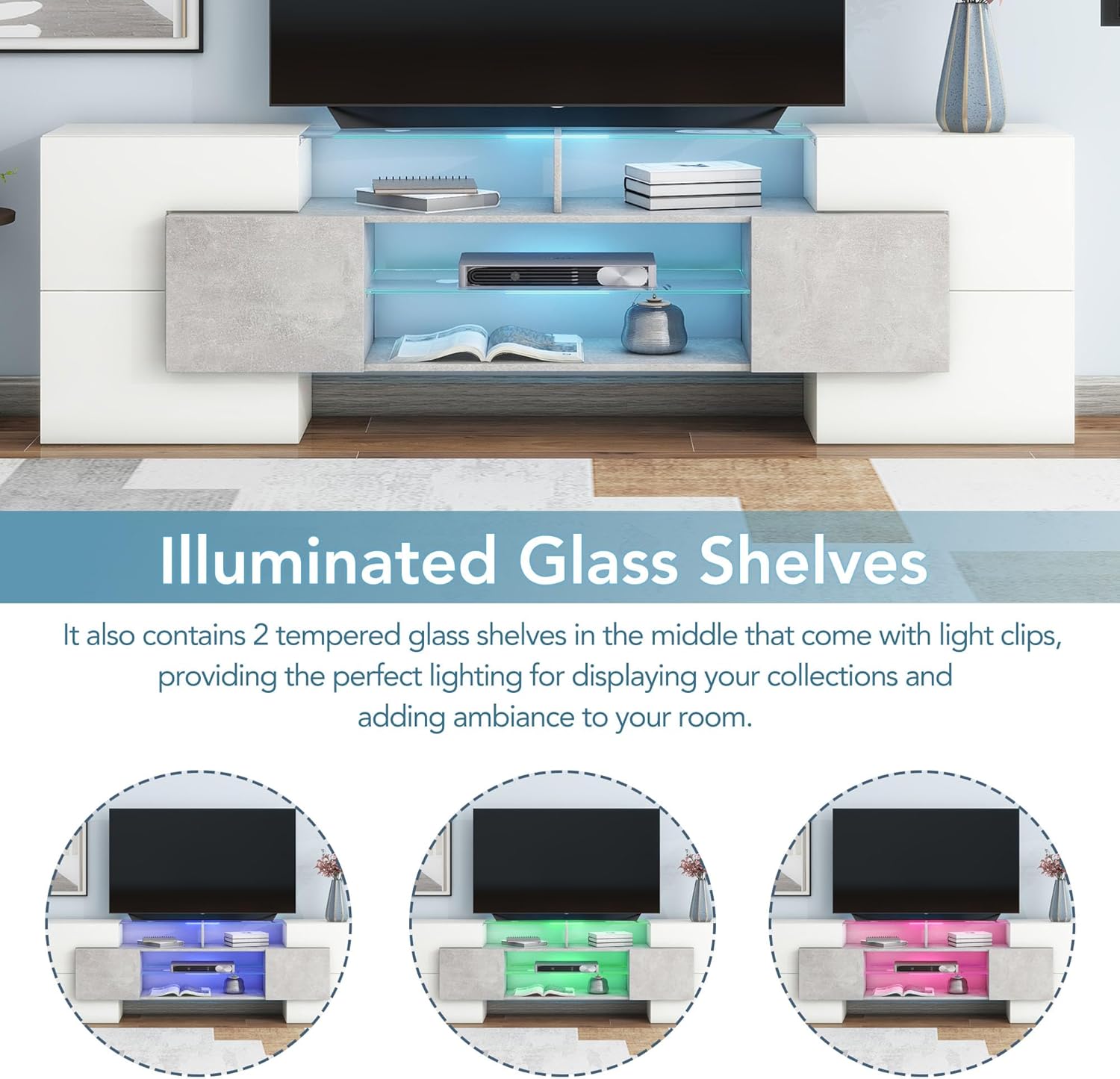 79 Inch Whtie TV Stand Entertainment Centre with 2 Glass Shelves,High Gloss Media Console Table for TVs Up to 80