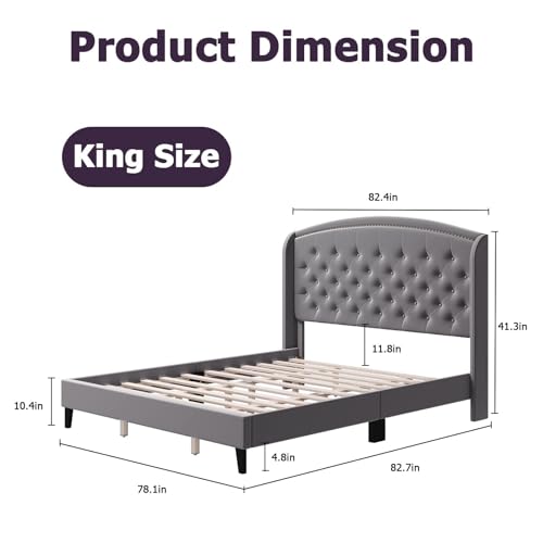 GAOMON Full Size Bed Frame, Upholstered Platform Bed Frame with Wingback Headboard, Soft Velvet and Button Rivet Tufted Design, Wood Slat Support, No Box Spring Needed, Easy Assembly (Black)
