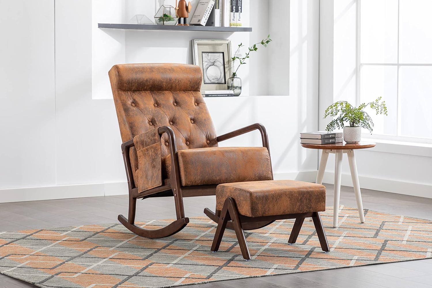 Rocking Chair with Ottoman, Mid-Century Modern Upholstered Fabric Rocking Armchair, Rocking Chair Nursery with Thick Padded Cushion, High Backrest Accent Glider Rocker Chair for Living Room (Coffee)