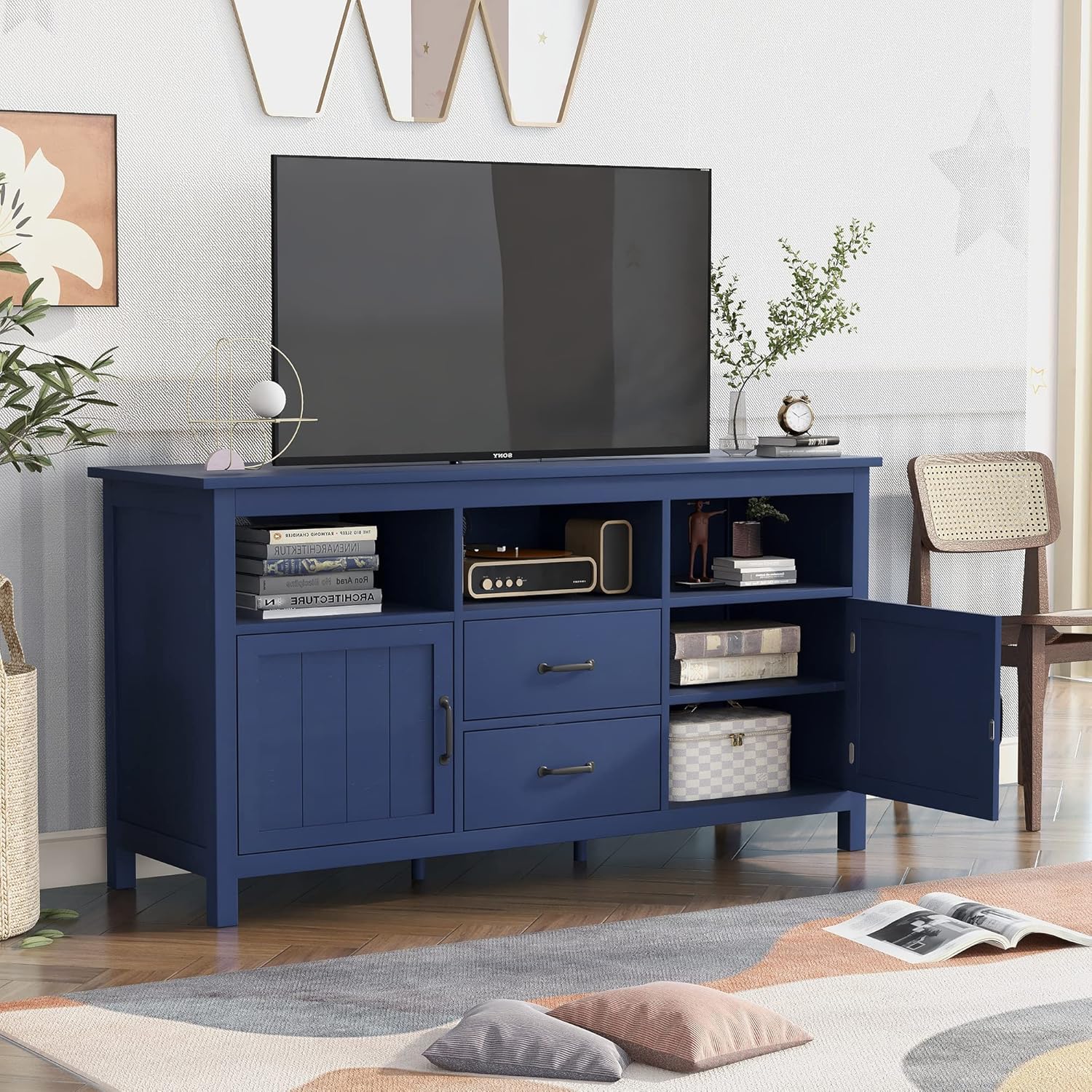 U-Can TV Stand for TV up to 68 in with 2 Doors and 2 Drawers Open Style Cabinet, Sideboard for Living room, Navy