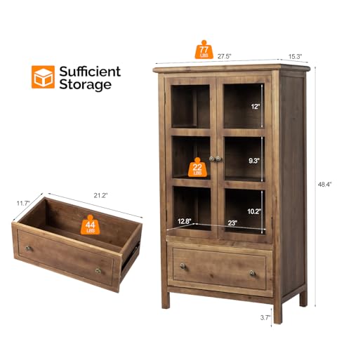 VINGLI Display Cabinet with Glass Doors and Drawer, Tempered Glass Cabinet Display Case, Rustic White Storage Cabinet with Doors and Shelves, Showcase Display Cabinet w/Cedar Finish & Solid Wood Leg