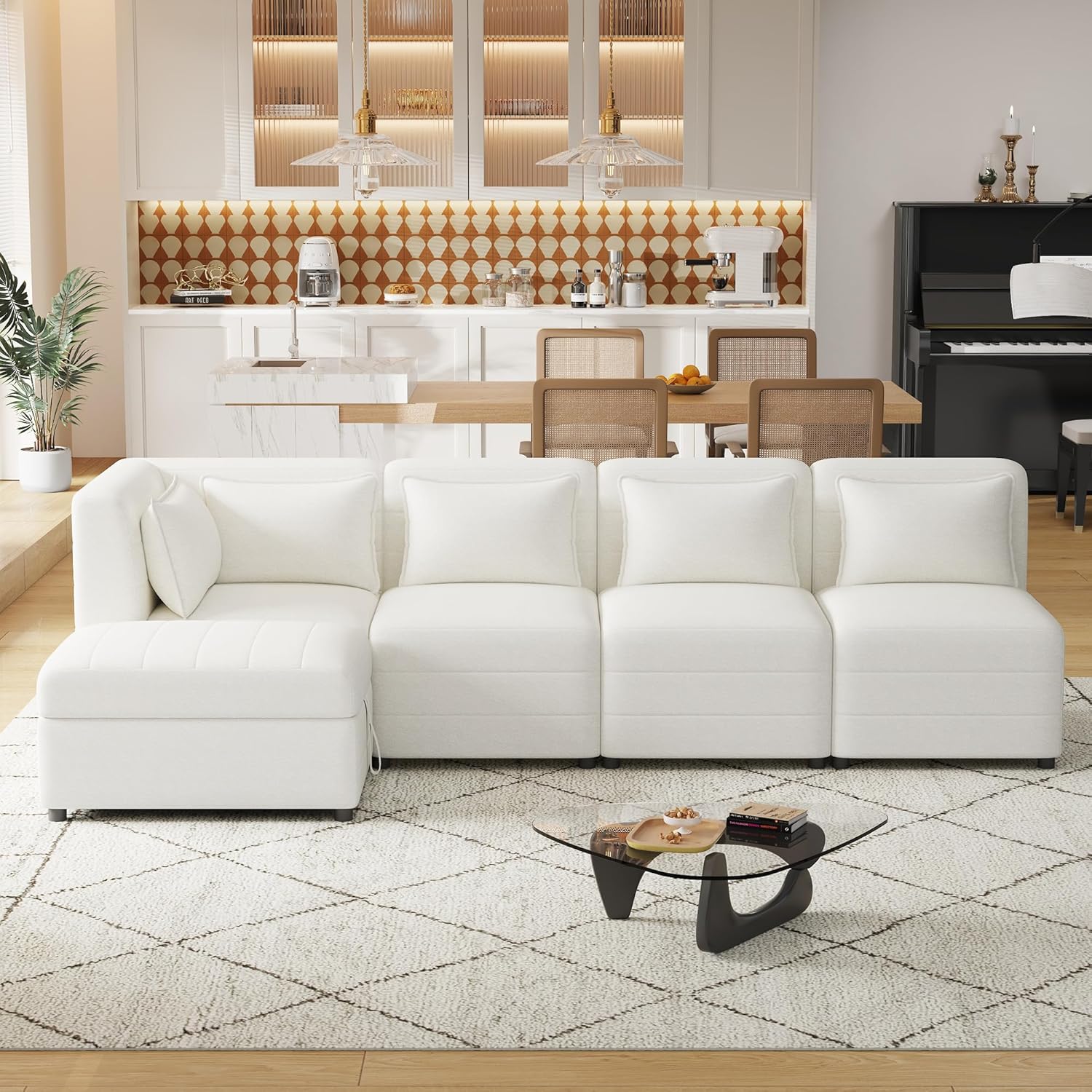 77'' Sectional Couch, Modular Couches for Living Room, Upholstered 5-Seater L-Shaped Couch with Storage Ottoman & 5 Pillows, Chenille Convertible Sectional Sofa, Free-Combined, Cream