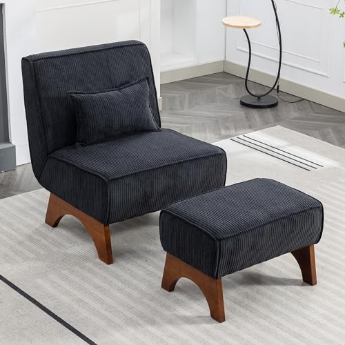 Accent Chair with Ottoman Corduroy Modern Slipper Chair Upholstered Single Sofa with Nature Wooden Leg and Throw Pillow for Living Room Bedroom Office (Beige)