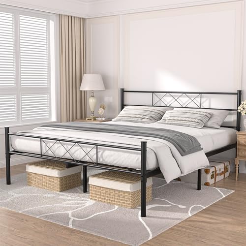 VECELO Full Size Bed Frame with Headboard, Heavy-Duty Platform with Strong Metal Slats, No Box Spring Needed, Easy Assembly, Pure White
