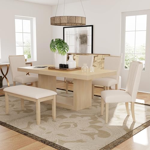 RUNNA 6-Piece Extendable Pedestal Dining Table Set with 18inch Removable Leaf and Dining Bench, 4 Upholstered Dining Chairs, Kitchen Table Set for Family (Natural+Beige/R)