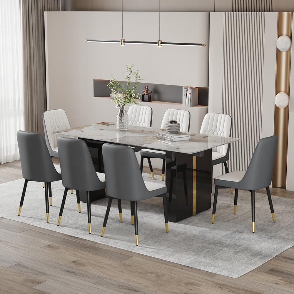 71'' Kitchen Table Set for 8，8 Chairs Dining Table Set, Dining Faux Marble Table Set for 8 with PU Leather Chairs for Kitchen, Dining, Bar, Living Room