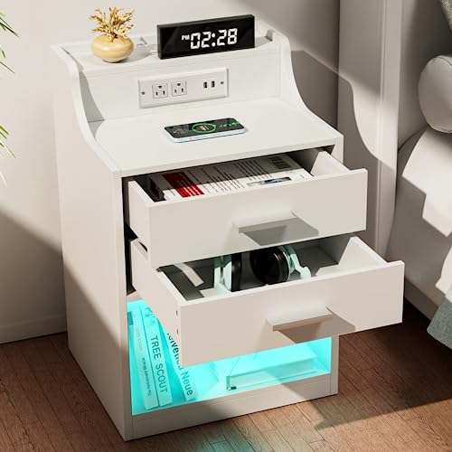 Nightstands Set of 2 with Charging Station and LED Lights, Night Stand with Outlets Modern End Table with 2 Drawers, Bedside Table with USB Open Compartment for Bedroom Living Room (2, White, Improve)