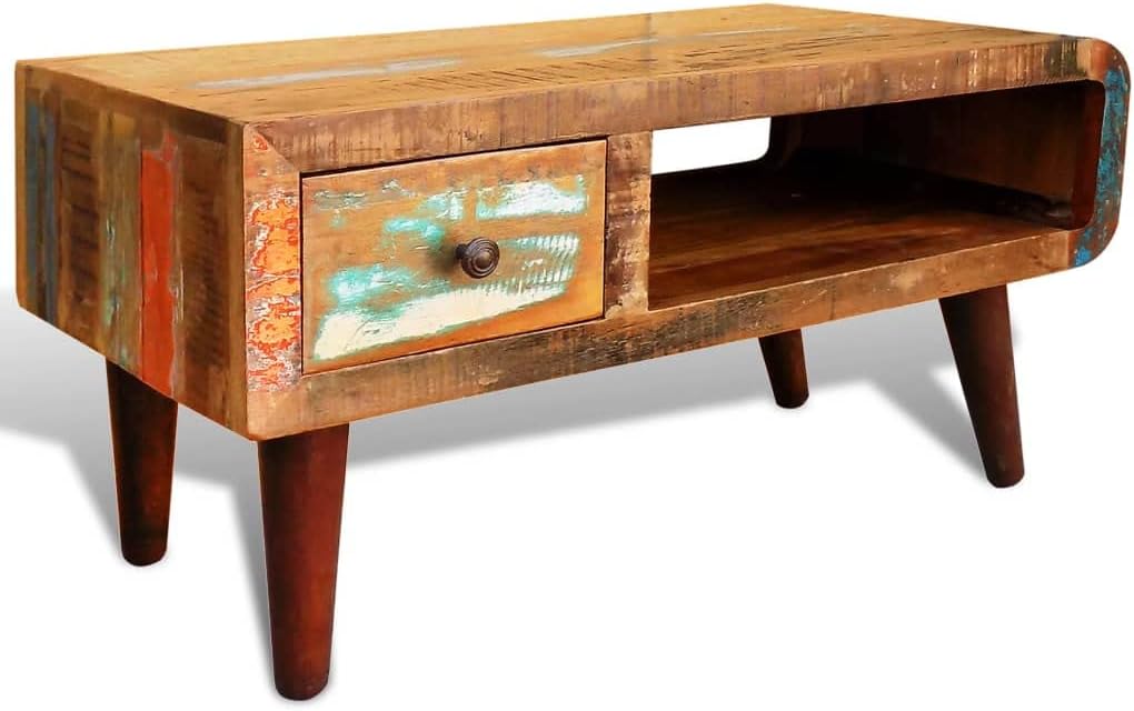 Coffee Tables、Modern Coffee tableCoffee Table with Curved Edge 1 Drawer Reclaimed WoodSuitable for Living Room, Patio