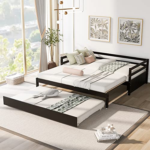 Twin Extendable Daybed with Trundle Wheels, Versatile Design Sofa Bed w/Openwork Three Backrests,Wood Slat Double Size Mattress Foundation,No Box Spring Needed, Espresso