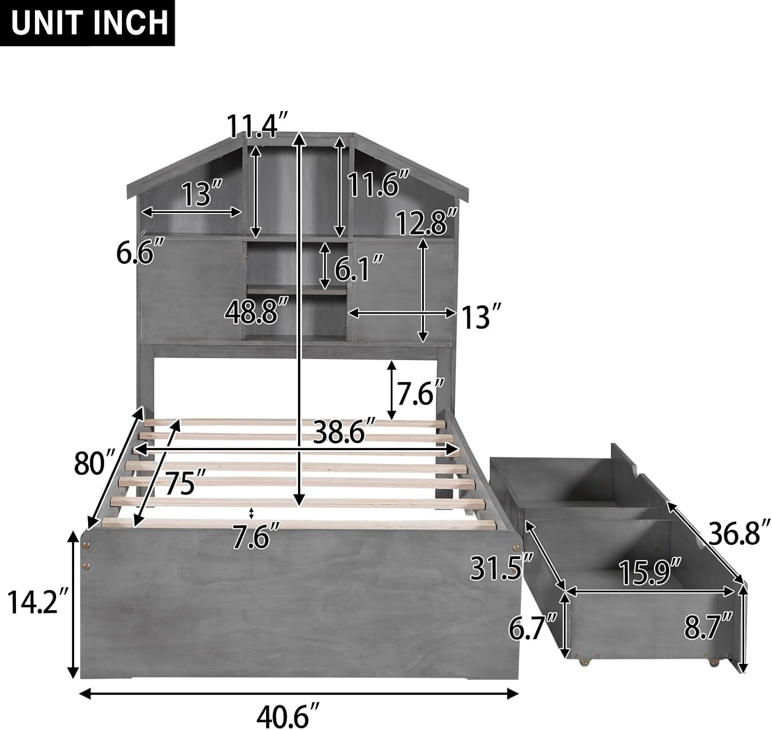 Twin Size Wood Platform Bed with House-Shaped Storage Headboard and 2 Drawers, Upholstered Wood Bed Frame Sturdy Slat Support Noise Free and No Box Spring Needed, Gray