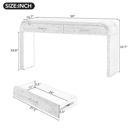 Retro Console Table Sofa Table with 2 Top Drawers, Unique Curved Long Accent Entryway Table for Entryway Hallway Living Room Foyer Corridor Dinning Room (Natural-O)