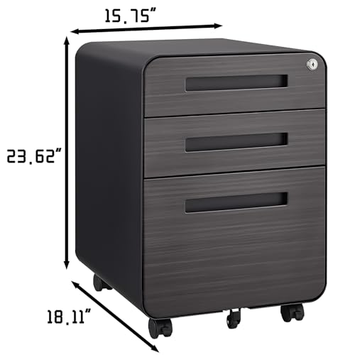 3 Drawer Vertical File Cabinet with Lock 5 Wheels Mobile Versatile Storage Cabinet Under Desk Office for Legal/Letter/A4 Size Cold Rolled Steel Moisture-Proof Waterproof Anti-Tilting Gray