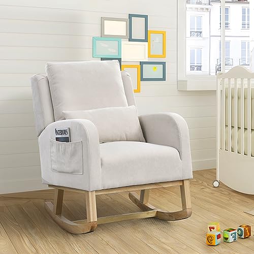 Rocking Chair for Nursery, Teddy Upholstered Wingback Rocking Chair, Accent Glider Rocker with Comfy High Back Curved Armrest Lumbar Pillow for Living Room, Bedroom, White
