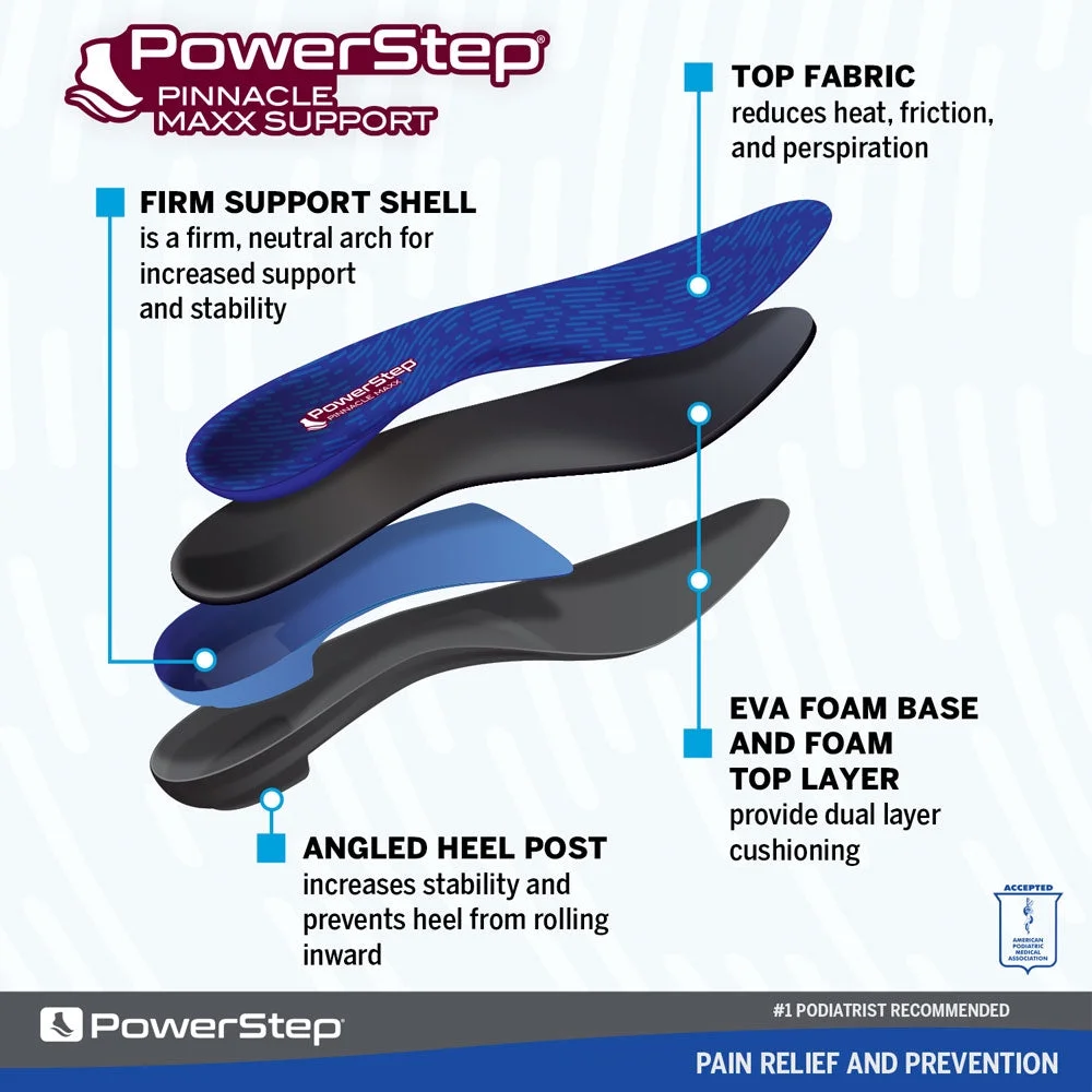 PowerStep Pinnacle Maxx Support Full Length Orthotic Shoe Insoles with Arch Support for Flat Feet & Overpronation