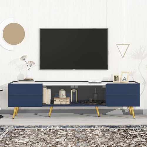 LUMISOL Modern TV Stand with LED Lights for 80'' TV, 70'' Faux Marble Entertainment Center with 4 Drawers and Glass Doors, Wood TV Console Media Cabinet with Gold Legs for Living Room Bedroom (Black)