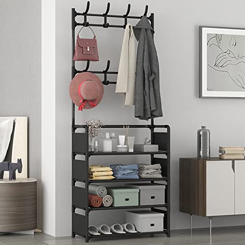 Hall Tree with Coat and Shoe Rack, Entryway Coat Rack with Bench Hooks and 4-Tier Shoe Rack, White