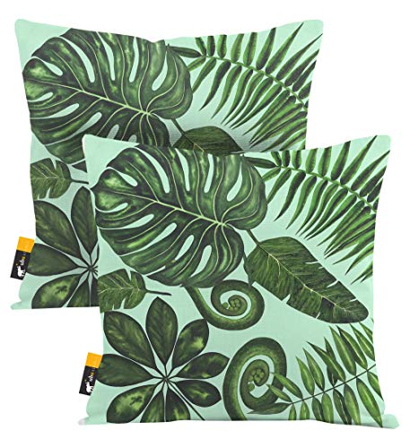 Tropical Leaves Outdoor Pillows Green - Set of 2 - 16 INCH Indoor/Outdoor Boho Decorative Pillows (16x16)