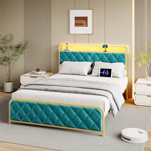 King Size Bed Frame, Velvet Upholstered Platform Bed with Storage Headboard, LED Light Headboard, Charging Station, USB Ports & Outlets, Strong Frame and Slats Support, No Box Spring Needed
