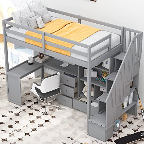 Twin Size Loft Bed Wooden Loft Bed Frame with L-Shaped Desk and 3 Drawers, Cabinet and Storage Staircase, High Loft Bed for Kids/Teens/Girls&Boys, White
