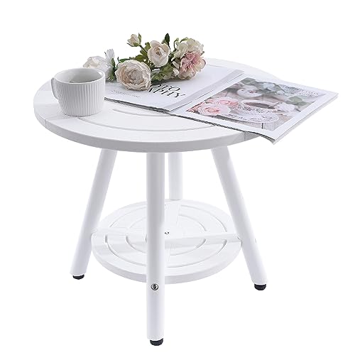 Outdoor End Tables 2-Tier Outdoor Side Tables for Patio Outdoor Patio Table Round Adirondack Side Table Outdoor Plastic Table Round Outdoor Side Table Weather Resistant End Table(Round White)
