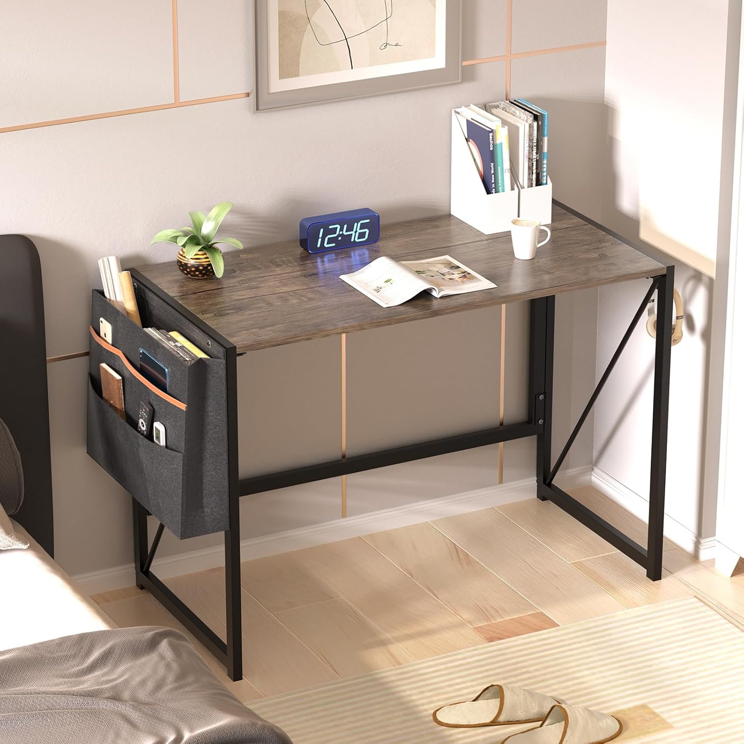 Coavas 39.4 inch Two Folding Desks Brown Set with Storage Bag and Headphone Hook