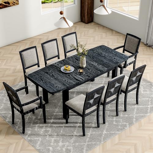 Rustic Extendable 9 Pieces Dining Table Set with Removable Leaf, Wood Kitchen Table Set with 6 Upholstered Armless Dining Chairs and 2 Padded Arm Chairs for Living Room (Black+ Gray)