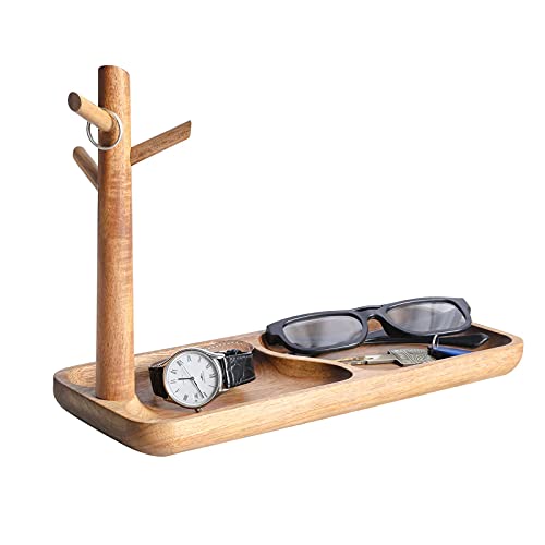 Walnut Wood Key Tray for Entryway Table, Jewelry Tray, Catchall Tray with 3 Stand Hanging Organizer, for Rings, Phone, Bracelets Watches