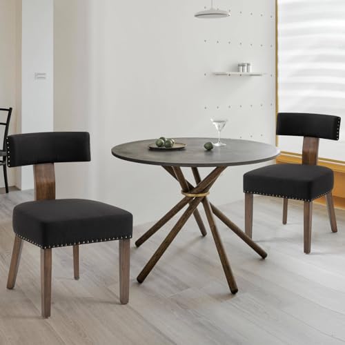 Upholstered Wooden Farmhouse Dining Chairs Set of 2, Mid-Century Modern Fabric Dining Room Chairs with Wood Legs, Curved Backrest Kitchen Chairs Armless Accent Chairs for Living Room, Beige