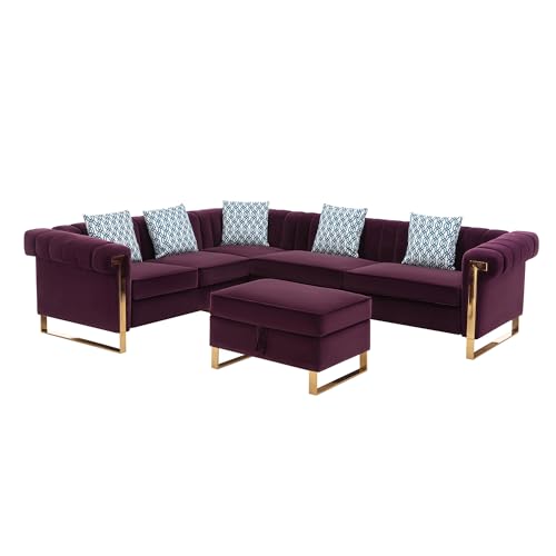Velvet Upholstered 6-Seater Sectional Sofa with Storage Ottoman, Purple