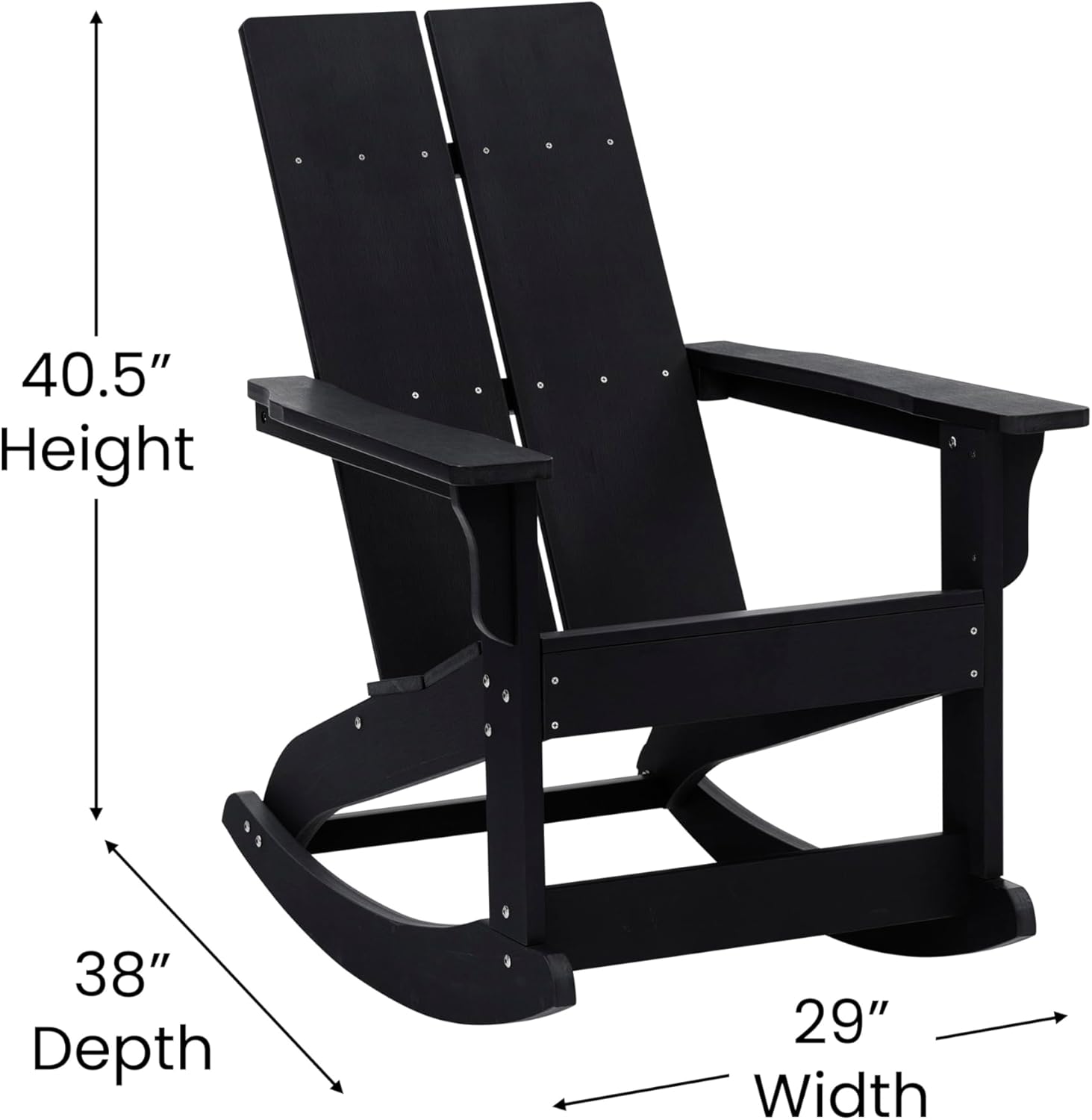 BizChair Modern Commercial Grade Poly Resin Wood Adirondack Rocking Chair - All Weather Black Polystyrene - Dual Slat Back - Stainless Steel Hardware
