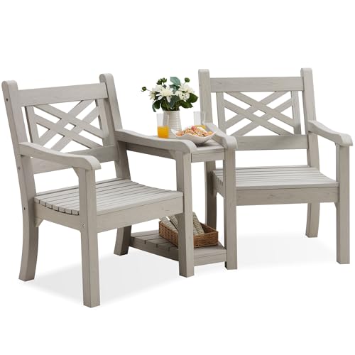 Psilvam Patio Furniture, All-Weather Poly Lumber Outdoor Loveseat, 2-Seater Outdoor Chair with Center Table & Umbrella Hole, Waterproof Accent Chairs Suitable for Lawn, Garden, Terrace (Teak Color)