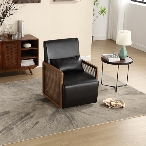 Swivel Accent Chair Sofa Chair - Mid-Century Modern Upholstered Armchair with Cushion Back, Rattan Handrail Vernon Chair for Living Room, Bedroom,Game Room, Home Office or Lounge (Black)