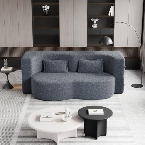 Henf Pink Futon Sofa Bed,Modern Floor Sofa Fold Out Couch Bed with 2 Pillows,Convertible Teddy Foam-Filled Sleeper Sofa Bed,15