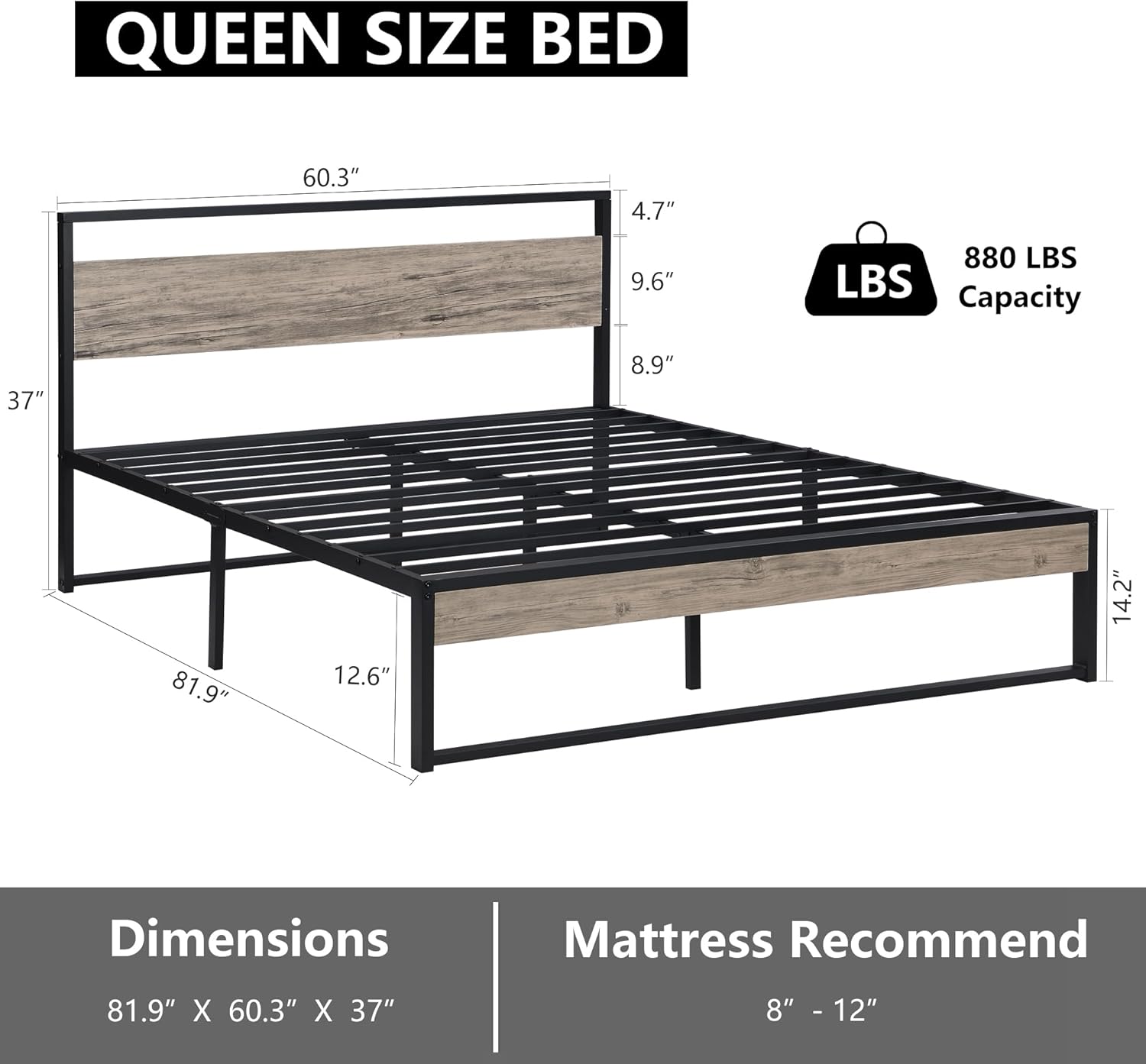 Queen Size Bed Frame with Headboard and Footboard, Metal Platform Queen Bed Frame with Under Bed Storage, Heavy Duty Metal Slats Support, No Box Spring Needed, Easy Assembly
