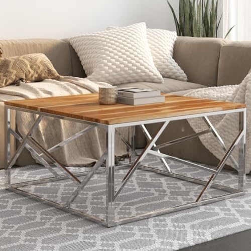 Coffee Table Silver Stainless Steel and Solid Acacia Wood,Modern Square Coffee Table with Stainless Steel Frame and Acacia Wood Top for Living Room and Sofa Accent Coffee Tables for Home & Kitchen