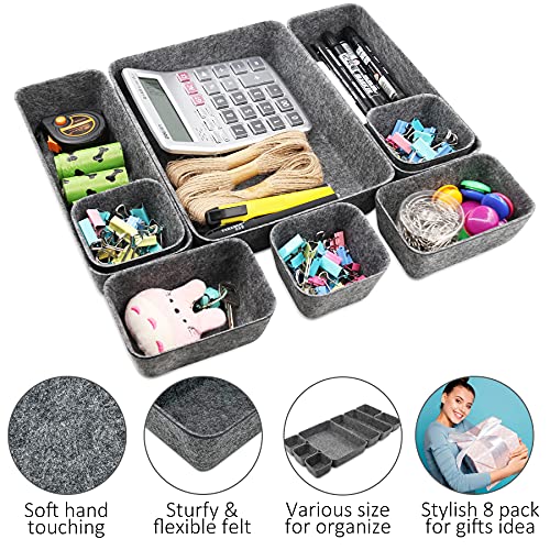 Felt Drawer Organizer Tray, 8 Pack Shallow Desk Drawer Organizer, Save Desk Space Dividers Box for Office Gadgets and Jewelry Storage (Dark Gray)