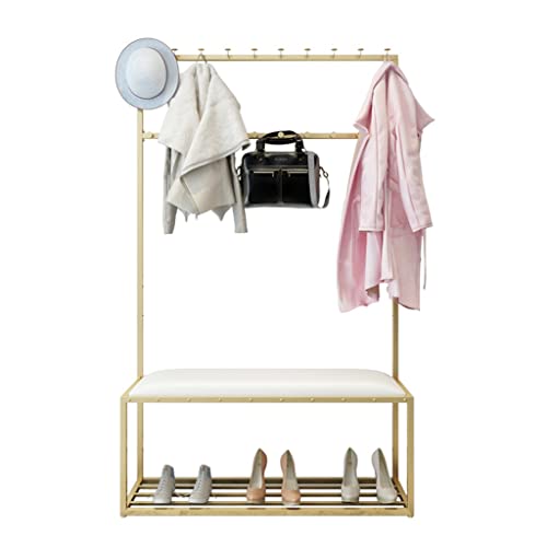Coat Rack Shoe Bench Entryway Hall Tree Floor Drying Rack Wrought Iron Hallway Furniture With Hooks Storage Shelf Easy Assembly Clothing Store Home Bedroom (Color : Gold B, Size :