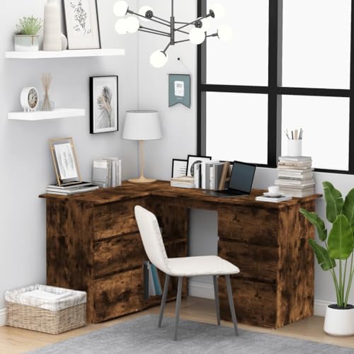 vidaXL Corner Desk, L-Shaped Computer Desk with Storage, Home Office Desk, Workstation Table, Scandinavian Style, Concrete Gray Engineered Wood