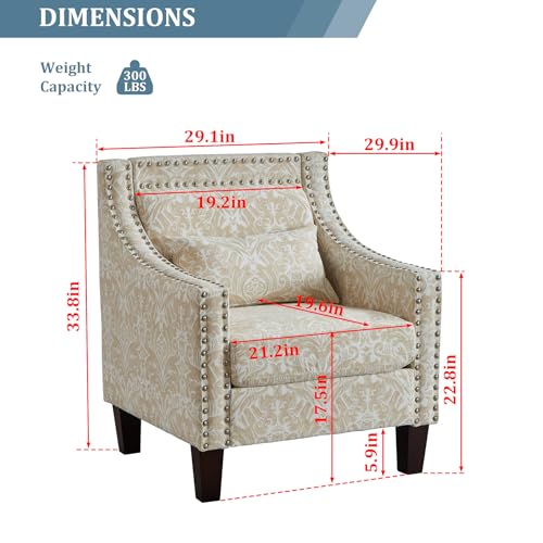 Mid Century Modern Floral Accent Chair, Beige Living Room Chair with Wooden Legs, Patterned Corner Chair with Arm, Side Chairs for Bedroom, Office, Rivet Decorative Armchair with Lumbar Pillow